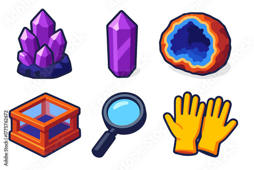 Mineral Treasures Display. Isometric vector illustration set Mineral Treasures: raw amethyst, polished quartz point, open geode