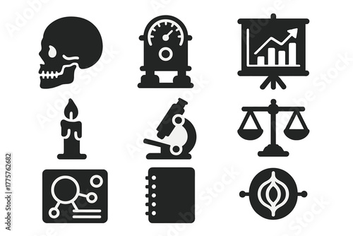 Victorian Pseudoscience Icons. Solid style icons of Victorian Pseudoscience: Skull, Measuring Device, Chart, Candle, Microscope,