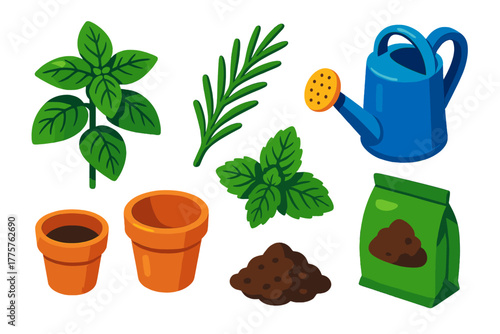 Herb Garden Icons. Isometric vector illustration set Herb Garden Essentials: basil plant, rosemary sprig, mint leaves, watering