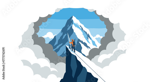 Adventurer climbing majestic mountain peak in dreamy cloudscape