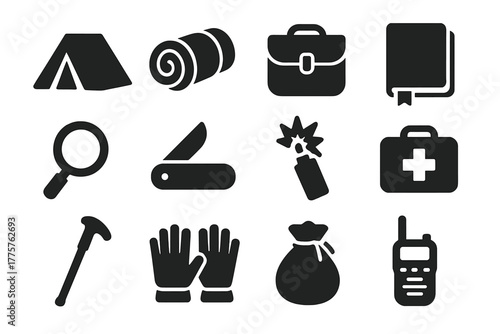 Explorer Gear Icons. Solid style icons of explorer gear: tent, bedroll, satchel, journal, magnifying glass, pocket knife, flare,