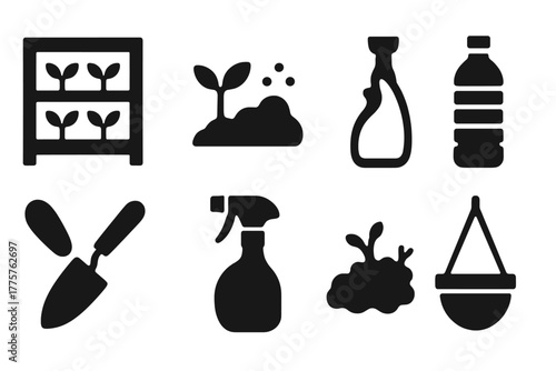 Vertical Gardening Essentials. Solid style icons of Vertical Gardening DIY: Wooden Frame, Seedlings, Soil, Water Bottle, Trowel,