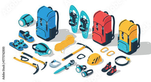 Isometric outdoor adventure gear set with backpacks, climbing tools, and camping equipment