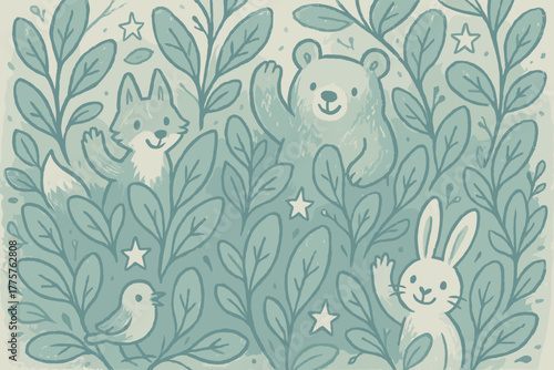 Enchanting Glaucous Forest. A doodle illustration of a magical forest of glaucous leaves, where friendly animals wave and stars