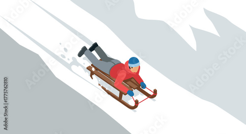 Isometric winter sledding adventure person on wooden sledge down snowy slope