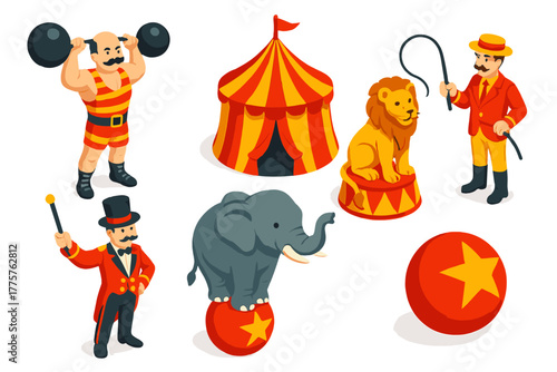 Vintage Circus Icons. Isometric vector illustration set Vintage Circus: Strongman, Big Top, Ringmaster, Lion Tamer, Elephant,