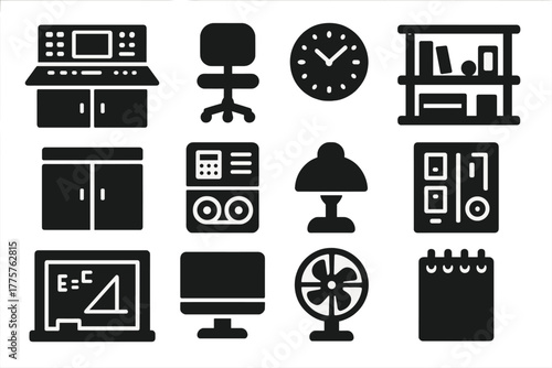 Observatory Interior Icons. Solid style icons of observatory interiors: control desk, chair, wall clock, shelf, cabinet, data