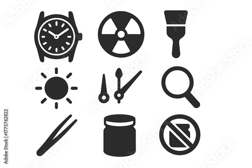 Vintage Timepiece Icons. Solid style icons of Vintage Timepiece Detailing: Watch Face, Radium, Brush, Glow, Clock Hands, Magnifier
