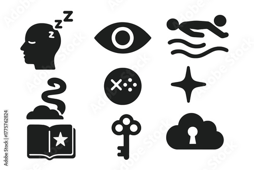 Lucid Dreaming Icons. Solid style icons of Lucid Dreaming: Sleeping Head, Eye Open, Floating Figure, Cloud Path, Control Symbol,