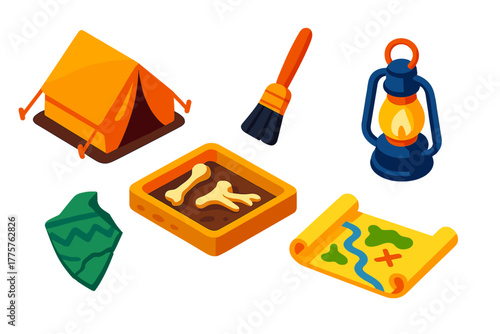 Archaeological Camp Icons. Isometric vector illustration set Archaeological Camp: dig site tent, fossil bone, excavation brush,