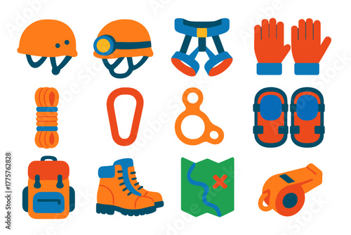Caving Gear Icons. Flat vector icons of caving gear: protective helmet, helmet with headlamp, climbing harness, gloves, rope coil,
