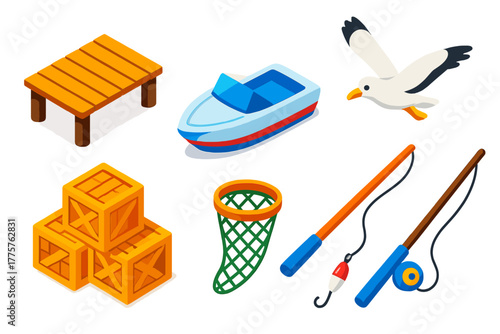 Colorful Coastal Harbor Icons. Isometric vector illustration set Coastal Harbor: dock walkway, motor boat, crate pile, seagull
