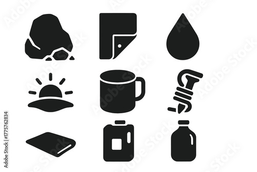 Desert Survival Icons. Solid style icons of Desert Survival Collection: Rock Surface, Plastic Sheet, Morning Dew, Sun Rising,