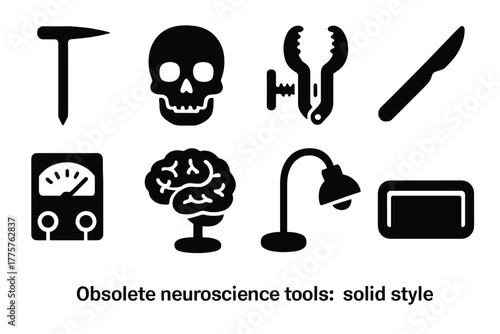 Obsolete Neuroscience Tools. Solid style icons of Obsolete Neuroscience Tools: Ice Pick, Skull, Clamp, Scalpel, Measuring Device,