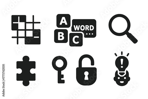 Puzzle Icons Set. Solid style icons of Puzzle Solving: Crossword Grid, Letter Blocks, Hidden Word, Magnifier, Solved Piece, Key