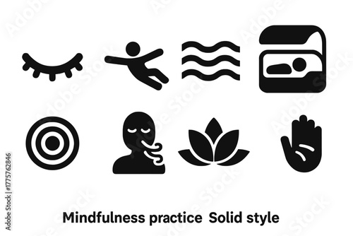 Mindfulness Practice Icons. Solid style icons of Mindfulness Practice: Closed Eyes, Float, Water, Tank, Ripple, Breathing, Lotus
