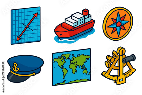 Colorful Nautical Icons. Isometric vector illustration set Mercator Projection: Rhumb Line, Ship, World Map, Compass Rose, Captain