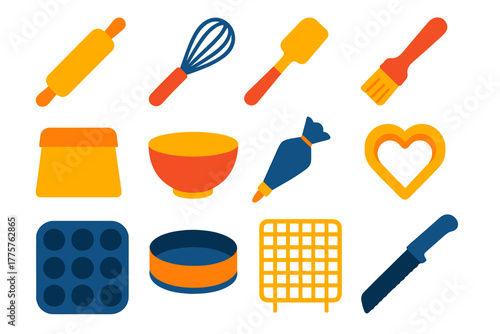 Baking Tools Icons. Flat vector icons of baking tools: rolling pin, whisk, spatula, pastry brush, dough scraper, mixing bowl,