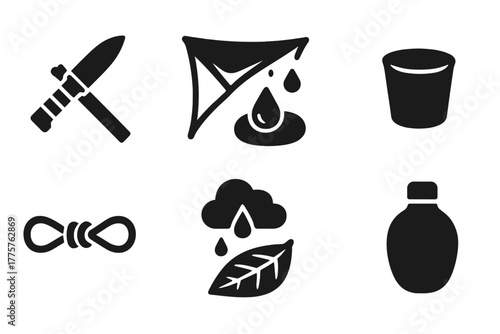 Dew Gathering Essentials. Solid style icons of Survival Dew Gathering: Knife Stick, Plastic Wrap, Cold Stone, Small Cup, Rope Tie,