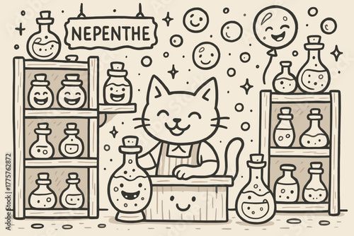 Enchanted Nepenthe Shop. A doodle scene of a magical shop selling Nepenthe bottles, with happy shelves, giggling jars, a smiling