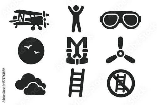 Vintage Air Stunt Icons. Solid style icons of Vintage Air Stunts: Biplane, Wingwalker, Goggles, Safety Harness, Sky, Propeller,