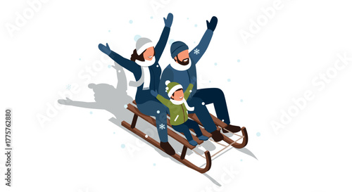 Family enjoying sledding in winter wonderland, parents and child celebrating snowy day outdoors