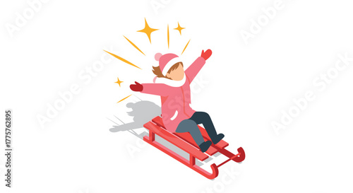 Joyful winter fun with sledding child in isometric style