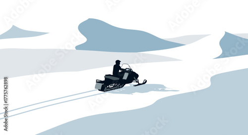 Snow adventure minimalist silhouette of snowmobile riding through arctic terrain