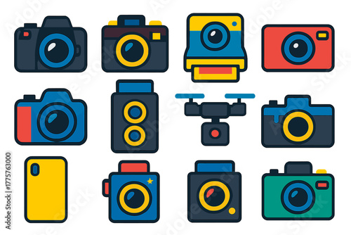 Vibrant Camera Icons. Flat vector icons of cameras: DSLR camera, vintage film camera, instant camera, compact digital camera,