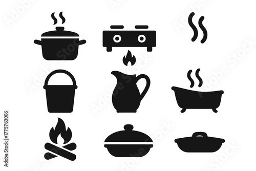 Water Heating Icons. Solid style icons of Water Heating: Iron Pot, Stove, Steam, Bucket, Pitcher, Tub, Firewood, Lid, No text, No