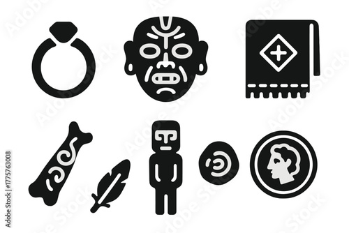 Ancient Cultural Artifacts. Solid style icons of Cultural Remains: Ancient Jewelry, Ritual Mask, Burial Cloth, Carved Bone, Wooden