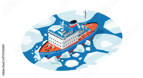 Isometric icebreaker ship navigating through arctic ice floes