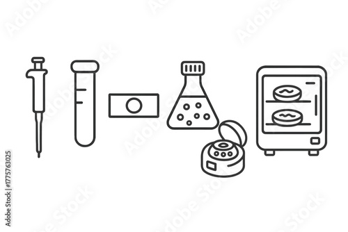 Microbiology Lab Icons. Line style icons of microbiology lab tools: pipette, test tube, microscope slide, culture flask,