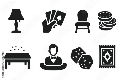 Silent Gambling Icons. Solid style icons of Silent Gambling Night: Dim Lamp, Card Hand, Empty Chair, Old Chips, Dusty Table, Lone