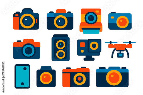Vibrant Camera Icons. Flat vector icons of cameras: DSLR camera, vintage film camera, instant camera, compact digital camera,