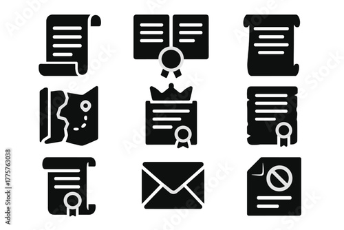 Historical Document Icons. Solid style icons of Historical Documents: charter scroll, treaty seal, proclamation, map chart, royal