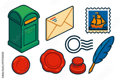 Vintage Postal Elements. Isometric vector illustration set Traditional Post: green mailbox, vintage envelope, rare stamp,