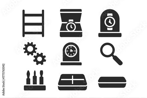 Horology Collector's Icons. Solid style icons of Collectors Horology Room: Wooden Shelf, Watch Box, Display Dome, Gears, Vintage