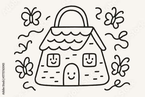 Whimsical House Reticule. A doodle of a reticule shaped like a little house, with smiling windows and doors, while butterflies and
