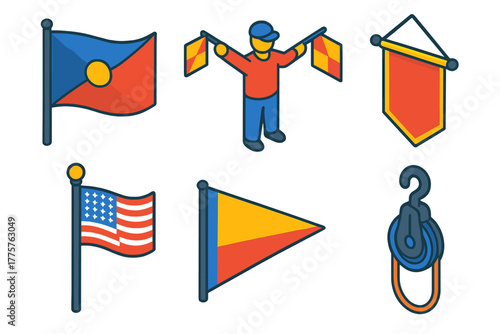 Vibrant Flag Icons. Isometric vector illustration set Vexillology: Flag Design, Semaphore, Banner, Pole, Pennant, Rope Pulley. No