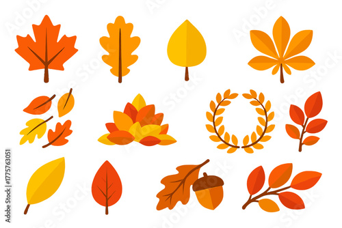 Autumn Leaf Icons. Flat vector icons of autumn leaves: maple leaf, oak leaf, birch leaf, chestnut leaf, falling leaves, pile of