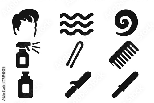 Retro Hairstyling Icons. Solid style icons of Retro Hairstyling: Pompadour, Wave Pattern, Curl, Spray, Hair Pin, Comb, Lotion, Rod