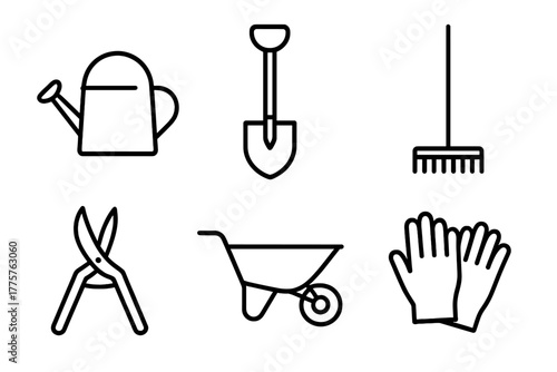 Gardening Tools Icons. Line style icons of gardening tools: watering can, shovel, rake, pruning shears, wheelbarrow, garden gloves