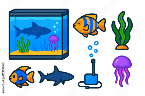 Public Aquarium Icons. Isometric vector illustration set Public Aquarium: giant tank, rare fish, swaying seaweed, strong bubbler,