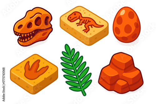 Vibrant Ancient Reptiles. Isometric vector illustration set Ancient Reptiles: T-Rex skull, fossil plate, spotted egg, footprint