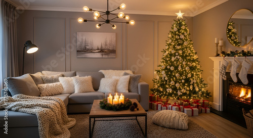 Cozy Christmas Living Room with Decorated Tree, Fireplace and Soft Lighting Atmosphere