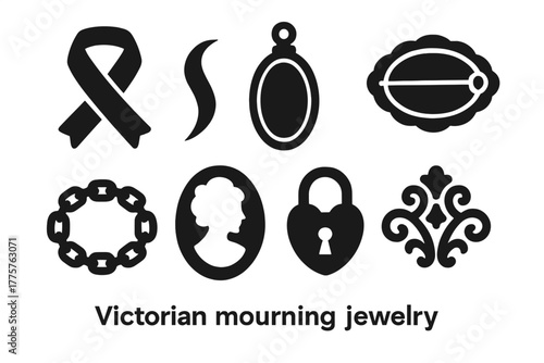 Victorian Mourning Jewels. Solid style icons of Victorian Mourning Jewelry: Black Ribbon, Hair Strand, Pendant, Brooch, Chain,