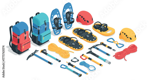 Isometric hiking and climbing gear collection with backpacks, helmets, and tools