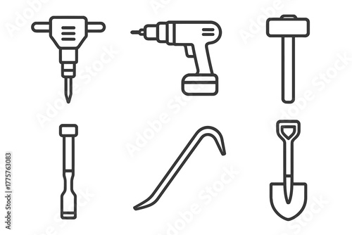 Mining Tools Icons. Line style icons of mining tools: jackhammer, drill, sledgehammer, chisel, crowbar, spade. No text, No labels,