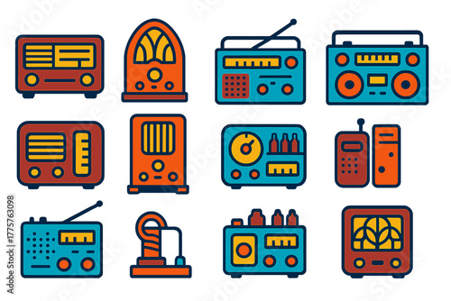 Vintage Radio Icons. Flat vector icons of vintage radios: wooden tabletop radio, cathedral-style radio, portable transistor radio,